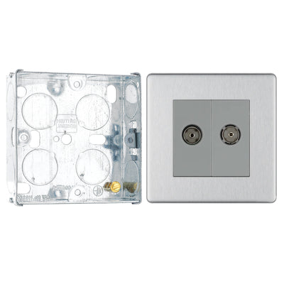 BG Screwless Brushed Steel Double Co-Axial Socket FBS61 with 25mm Steel Back Box by British General (BG-FBS61+HGS02)