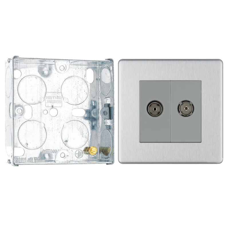 BG Screwless Brushed Steel Double Co-Axial Socket FBS61 with 25mm Steel Back Box