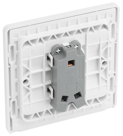 PCDCL12W Back - This Evolve pearlescent white 20A 16AX single light switch from British General will operate one light in a room.