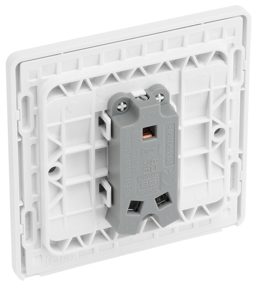 PCDCL12W Back - This Evolve pearlescent white 20A 16AX single light switch from British General will operate one light in a room.