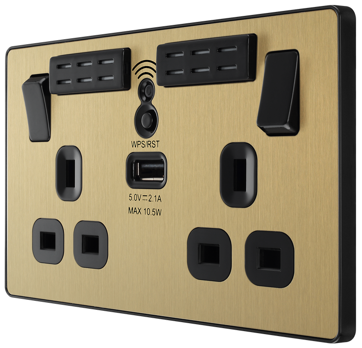 PCDSB22UWRB Front - This Evolve Satin Brass 13A double power socket with integrated Wi-Fi Extender from British General will eliminate dead spots and expand your Wi-Fi coverage.