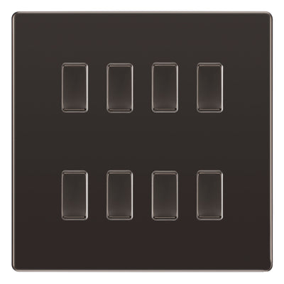 BG Black Nickel Screwless 8 Gang 2 Way Custom Grid Light Switch with Back Box Included by British General (BG-SCL-BN-8G-CUSTOM-LIGHT-SWITCH)