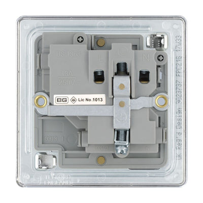 BG Screwless Polished Chrome 13A Single Switched Socket FPC21G with 35mm Steel Back Box