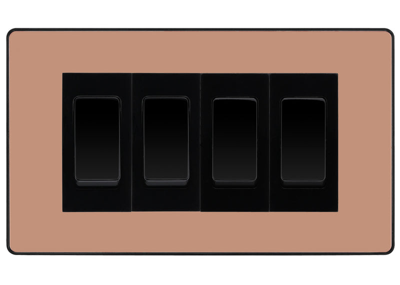 BG Evolve Polished Copper 4-Gang Light Switch 3x 2-Way + 1x Intermediate – Black Inserts