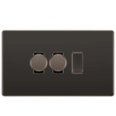 BG Screwless Black Nickel 3 Gang Switch 2x Trailing Edge LED Dimmer 1x Intermediate Custom Grid Switch by British General (BG-SCRL-BN-3G-CUSTOM-2x-Dimmer-1x-INT)