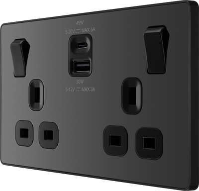BG Evolve PCDBC22UAC45B 13A Double Switched Power Socket + USB A+C (45W) - Black Chrome