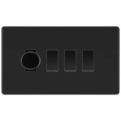 BG Screwless Matt Black 4 Gang Switch 1x Trailing Edge LED Dimmer 3x Intermediate Custom Grid Switch by British General (BG-SCRL-FB-4G-CUSTOM-1x-Dimmer-3x-INT)
