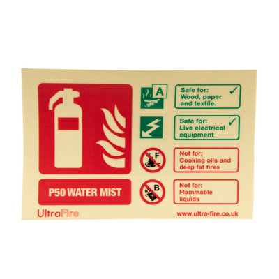 Extinguishers & Equipment: Photoluminescent P50 Water Mist Fire Extinguisher Signs Self-Adhesive 2ltr A+F (and Electrical) / Portrait (200x75mm) by UltraFire (Safelincs-CSPW2SP)