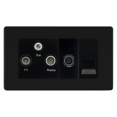 BG Screwless Matt Black TV/FM/SAT + Return & 1 Gang Tel - Screened Triplex Socket FFB68B by British General (BG-FFB68B)