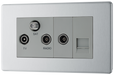 FBS68 Front - This screened Triplex socket from British General has an outlet for TV FM and satellite, plus a return and shuttered telephone socket.