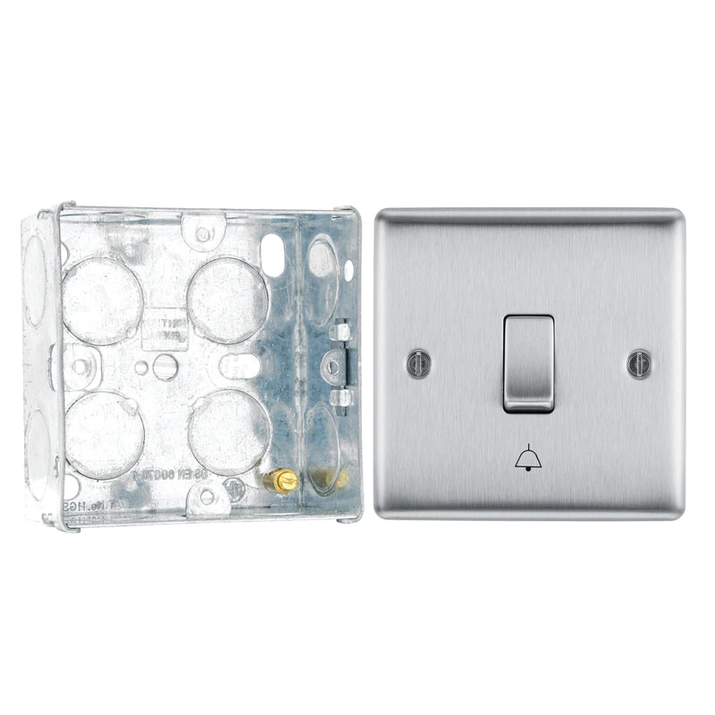 BG Nexus Brushed Steel 10AX Bell Push Switch NBS14 with 35mm Steel Back Box