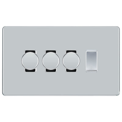 BG Polished Chrome Screwless Flat Plate 4 Gang Light Switch 3x Trailing Edge LED Dimmer 1x 2 Way Custom Switch by British General (SCREWLESS-PC-4G-CUSTOM-3x-DIMMER-1x-2Way)