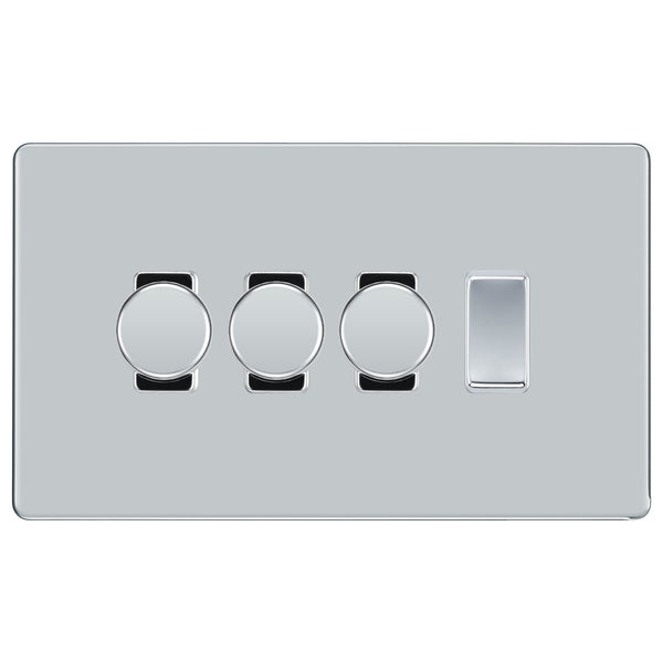 BG Polished Chrome Screwless Flat Plate 4 Gang Light Switch 3x Trailing Edge LED Dimmer 1x 2 Way Custom Switch