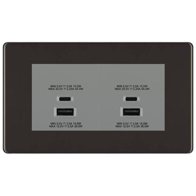 BG Screwless Black Nickel 4G Faceplate with 45W USB A+C Charger Modules – Grey Insert by British General (BG-FBNEMR4+EMUSBAC45G)