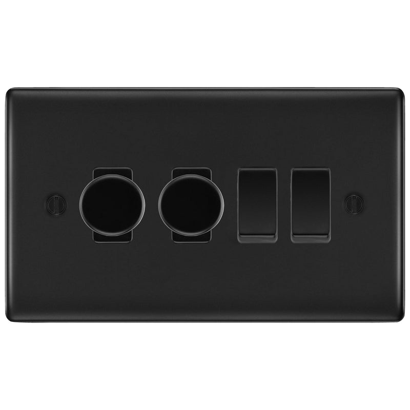 BG Matt Black 4 Gang Switch 2x Trailing Edge LED Dimmer 2x 2 Way Custom Grid Switch