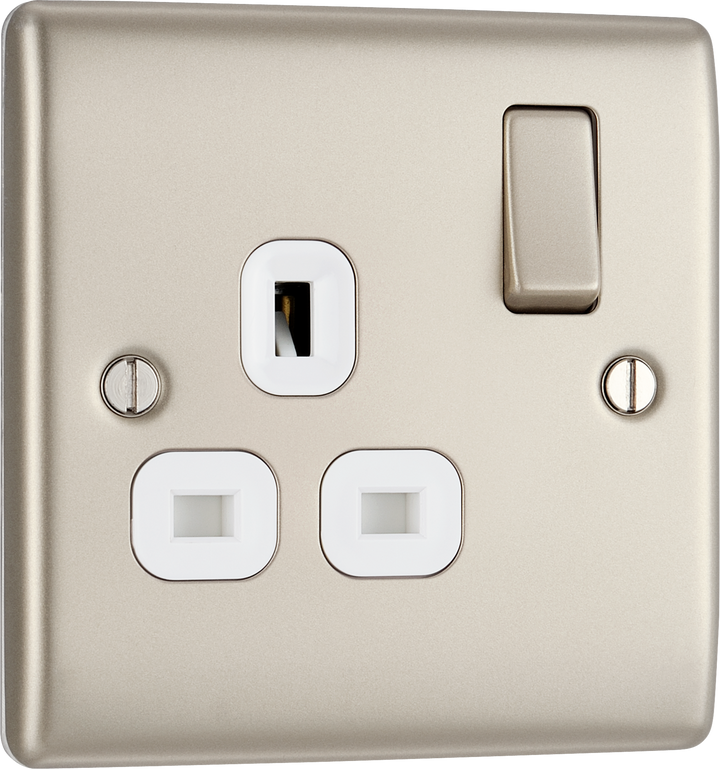 NPR21W Front - This pearl nickel finish 13A single switched socket from British General has a sleek and slim profile with softly rounded edges and no visible plastic around the switch to add a touch of luxury to your decor.