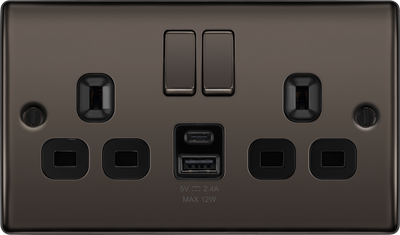 BG NBN22UAC12B Black Nickel Double Socket with USB 12W Type A & Type C USB