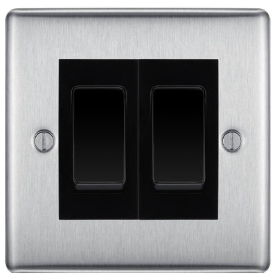 BG Nexus Brushed Steel 2 Gang 20AX 2-Way Switch Custom Grid – Black Insert by British General (BG-Nexus-BS-2G-Combo-2x2WAY-BL)