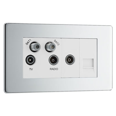 BG Screwless Polished Chrome Quadplex TV FM SAT (x2) FPC69 with 25mm Steel Back Box