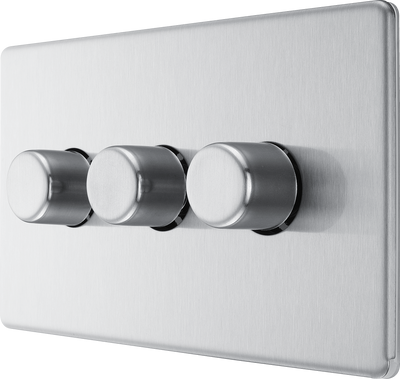 BG Electrical FBS83 Nexus Flatplate Screwless Brushed Steel 3 Gang 200W 2 Way Trailing-Edge Push Dimmer Switch