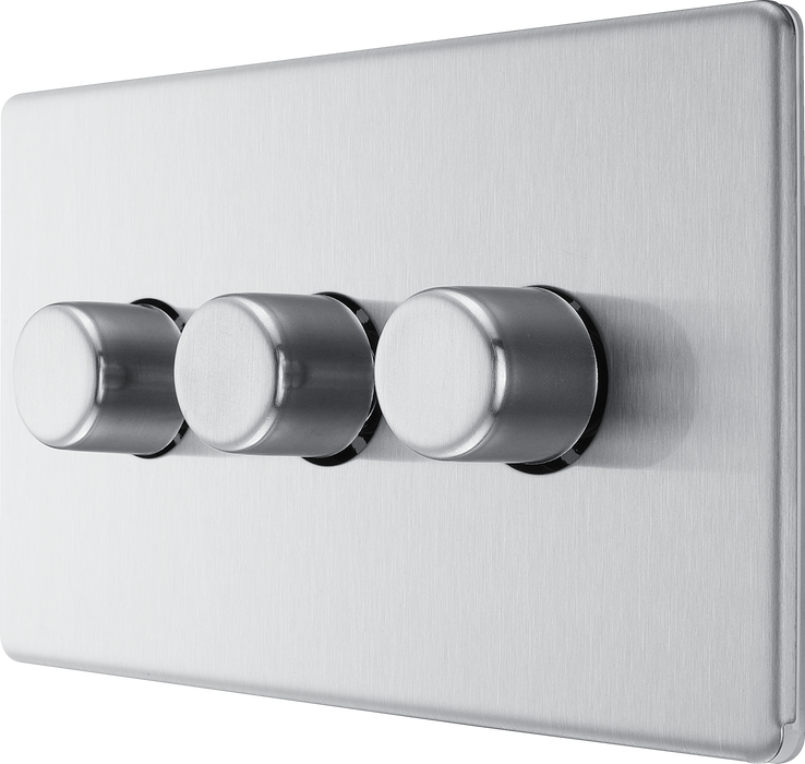FBS83 Side - This trailing edge triple dimmer switch from British General allows you to control your light levels and set the mood. The intelligent electronic circuit monitors the connected load and provides a soft-start with protection against thermal.