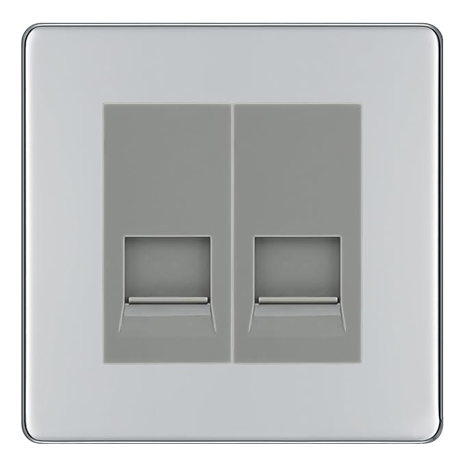BG Screwless Polished Chrome Double RJ11 Telephone Socket FPCRJ112 - Grey Insert