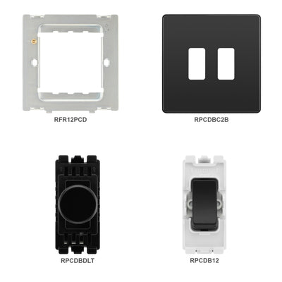 BG Evolve Black Chrome 2 Gang Light Switch 1x Dual Mode LED Dimmer 1x 2 Way Custom Switch