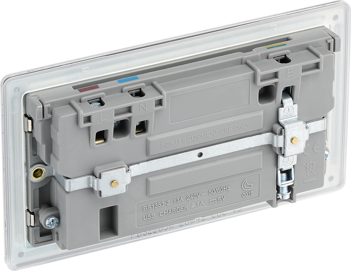 FBS22U3W Back - This completely screwless and slimline flat plate 13A double power socket from British General comes with two USB charging ports allowing you to plug in an electrical device and charge mobile devices simultaneously without having to sacrifice a power socket.