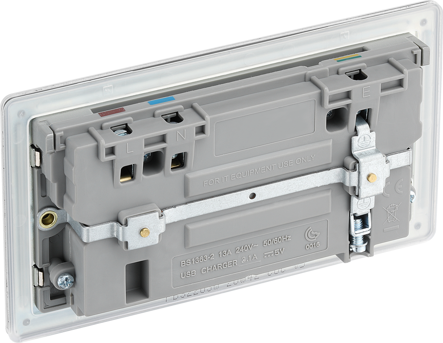 FBS22U3W Back - This completely screwless and slimline flat plate 13A double power socket from British General comes with two USB charging ports allowing you to plug in an electrical device and charge mobile devices simultaneously without having to sacrifice a power socket.