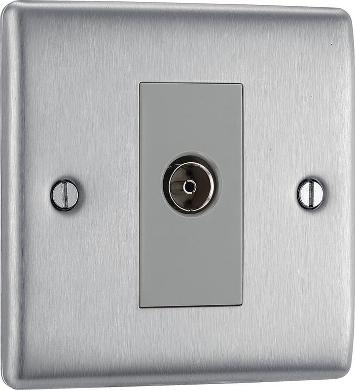 NBS62 Front - This single isolated coaxial socket from British General can be used for TV or FM aerial connections. An isolated aerial connection is ideal for use where a communal dish or aerial is used such as in a block of flats.