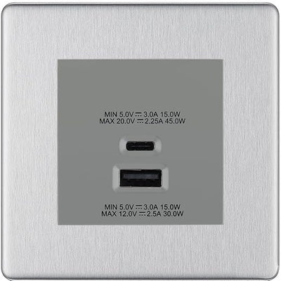 BG Screwless Brushed Steel 45W USB Wall Socket Euro Module USB-A & C-Grey Insert by British General (BG-FBSEMS2+EMUSBAC45G)