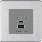 BG Screwless Brushed Steel 45W USB Wall Socket Euro Module USB-A & C-Grey Insert by British General (BG-FBSEMS2+EMUSBAC45G)