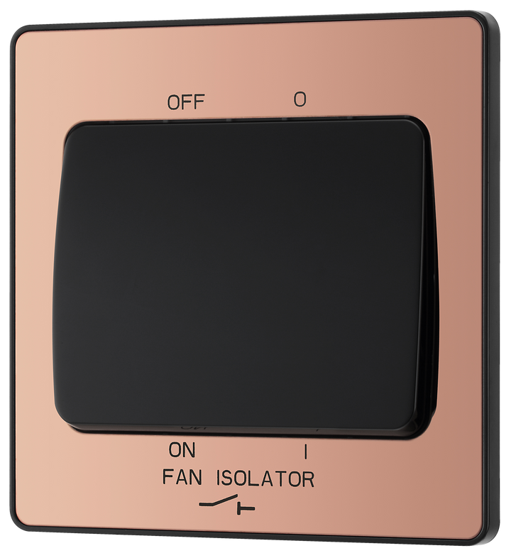 PCDCP15B Front - This Evolve Polished Copper 10A triple pole fan isolator switch from British General provides a safe and simple method of isolating mechanical fan units.