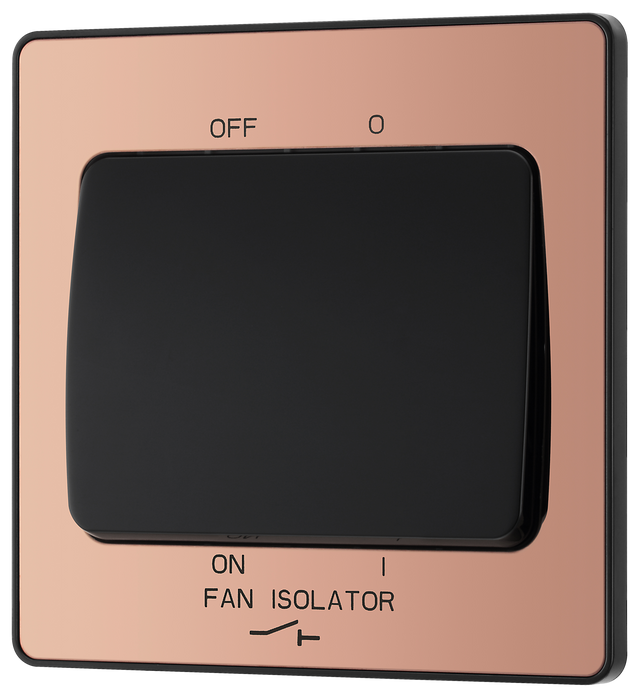 PCDCP15B Front - This Evolve Polished Copper 10A triple pole fan isolator switch from British General provides a safe and simple method of isolating mechanical fan units.