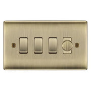 BG Nexus Antique Brass 4 Gang Switch 1x Trailing Edge LED Dimmer 3x Intermediate Custom Grid Switch by British General (BG-Nexus-AB-4G-CUSTOM-1x-Dimmer-3x-INT)