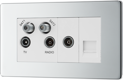 BG FPC69 Screwless Flat-Plate Quadplex TV/FM/Sat Socket (x2) + Return & 1 Gang Tel. - Screened by British General (BG-FPC69-Shopify-SA_1)