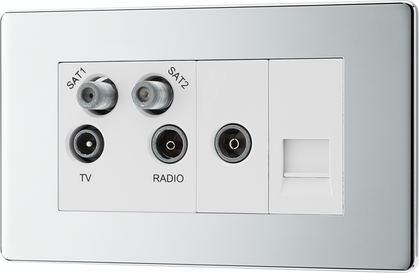 FPC69 Front - This screened Quadplex socket from General has an outlet for TV FM and 2 satellites, plus a return British and shuttered telephone socket.