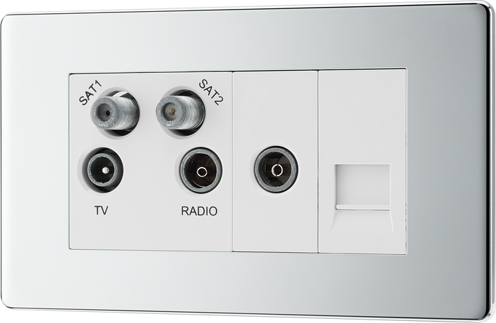 FPC69 Front - This screened Quadplex socket from General has an outlet for TV FM and 2 satellites, plus a return British and shuttered telephone socket.