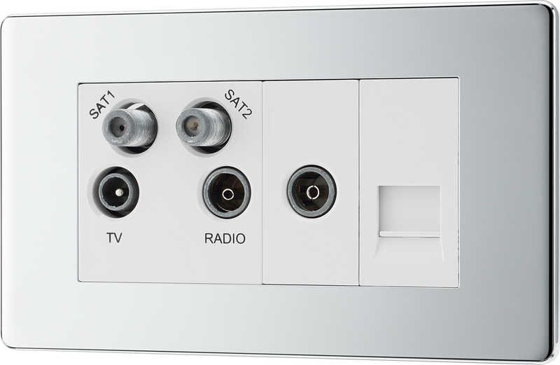 BG FPC69 Screwless Flat-Plate Quadplex TV/FM/Sat Socket (x2) + Return & 1 Gang Tel. - Screened
