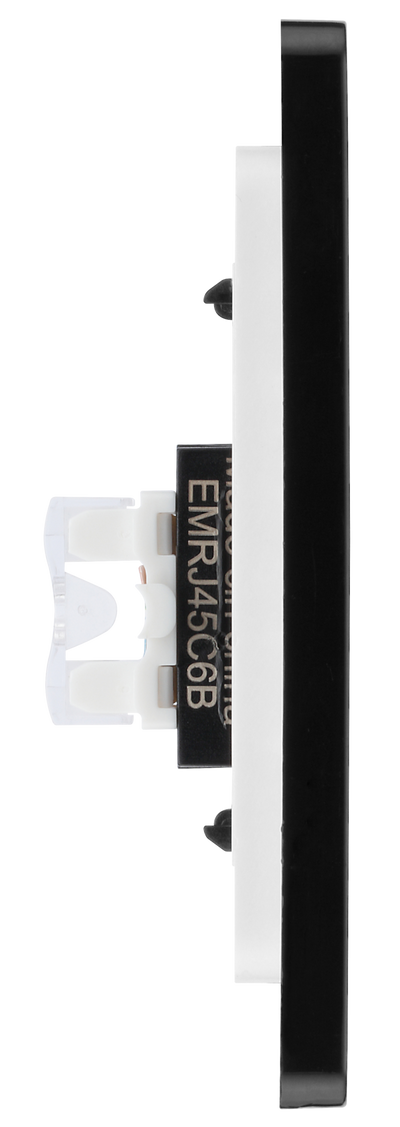 PCDMBRJ451B Side - This Evolve Matt Black RJ45 ethernet socket from British General uses an IDC terminal connection and is ideal for home and office, providing a networking outlet with ID window for identification. The Cat6 outlet supports data transfer speeds of up to 10Gbps at 250 MHz up to 164 feet.
