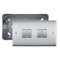 Brushed Steel 20A 16AX 2 Way Quadruple Light Switch & Surface Pattress Back Box