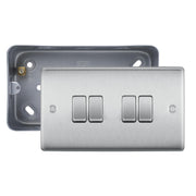 Brushed Steel 20A 16AX 2 Way Quadruple Light Switch & Surface Pattress Back Box by British General (BG-NBS44+MC502)