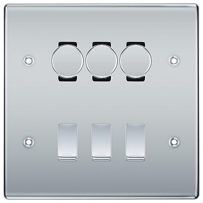BG Nexus Polished Chrome 6 Gang Switch 3x Trailing Edge LED Dimmer 3x Intermediate Custom Grid Switch