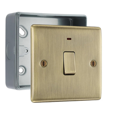 BG Nexus Antique Brass 20A 2 Pole Neon Switch with Surface Pattress Back Box by British General (BG-NAB31+MC501)