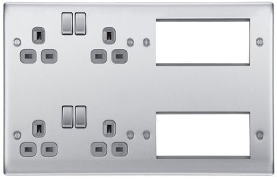 BG NBS222EM8G Nexus Metal 2x 2G Socket 13A + 2x 4 Module Aperture - Grey Insert - Brushed Steel by British General (BG-NBS222EM8G)