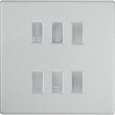 BG Screwless Brushed Steel 6 Gang Engraved Custom Labelled Appliance Grid Switch by British General (Nexus-BS-Screwless-6G)