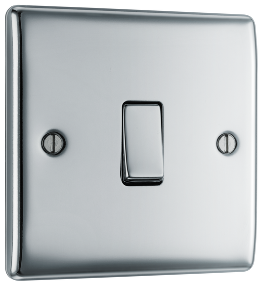NPC13 Front - This polished chrome finish 20A 16AX intermediate light switch from British General should be used as the middle switch when you need to operate one light from 3 different locations such as either end of a hallway and at the top of the stairs.