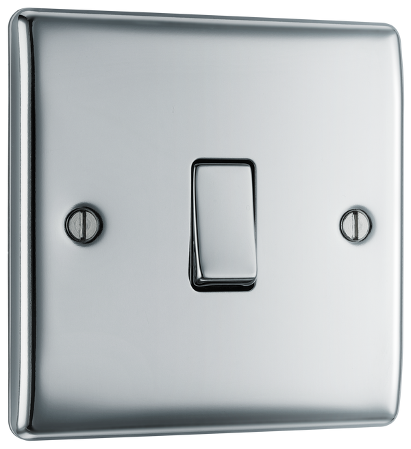 NPC13 Front - This polished chrome finish 20A 16AX intermediate light switch from British General should be used as the middle switch when you need to operate one light from 3 different locations such as either end of a hallway and at the top of the stairs.