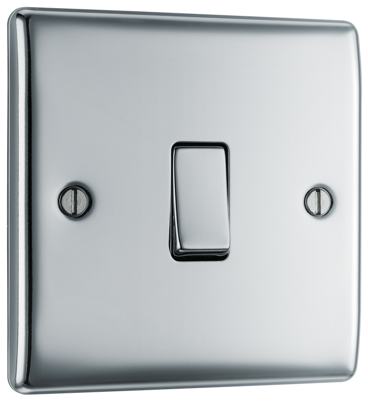 NPC13 Front - This polished chrome finish 20A 16AX intermediate light switch from British General should be used as the middle switch when you need to operate one light from 3 different locations such as either end of a hallway and at the top of the stairs.