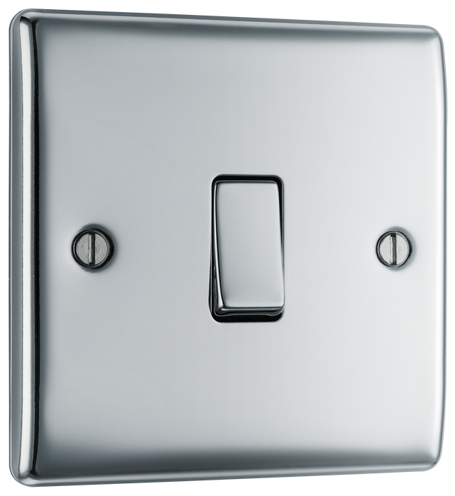 NPC13 Front - This polished chrome finish 20A 16AX intermediate light switch from British General should be used as the middle switch when you need to operate one light from 3 different locations such as either end of a hallway and at the top of the stairs.